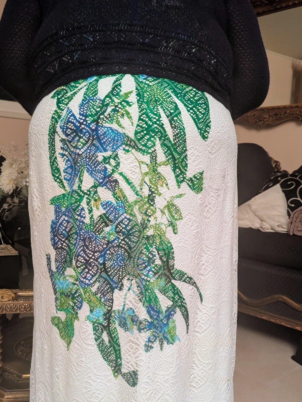 Catherines White Maxi Skirt with Blue & Green Botanical Print